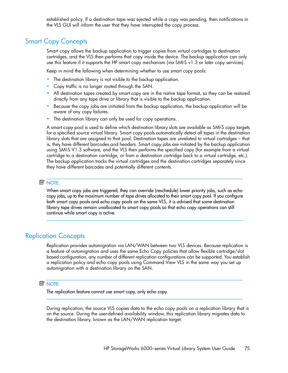 Smart copy concepts, Replication concepts, 75 replication concepts | Replication, Concepts | HP StorageWorks 6000 Virtual Library System User Manual | Page 75 / 358