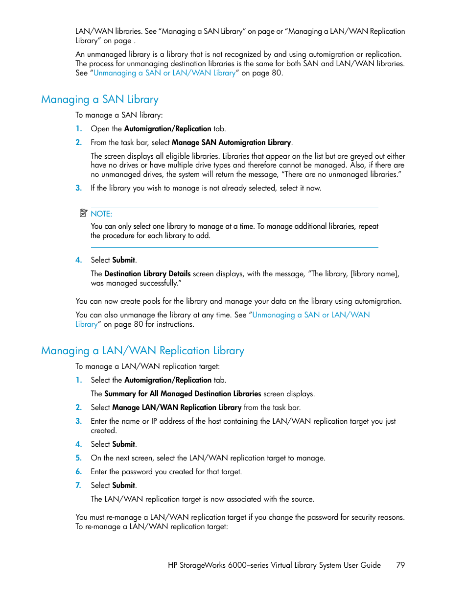 Managing a san library, Managing a lan/wan replication library, 79 managing a lan/wan replication library | HP StorageWorks 6000 Virtual Library System User Manual | Page 79 / 358