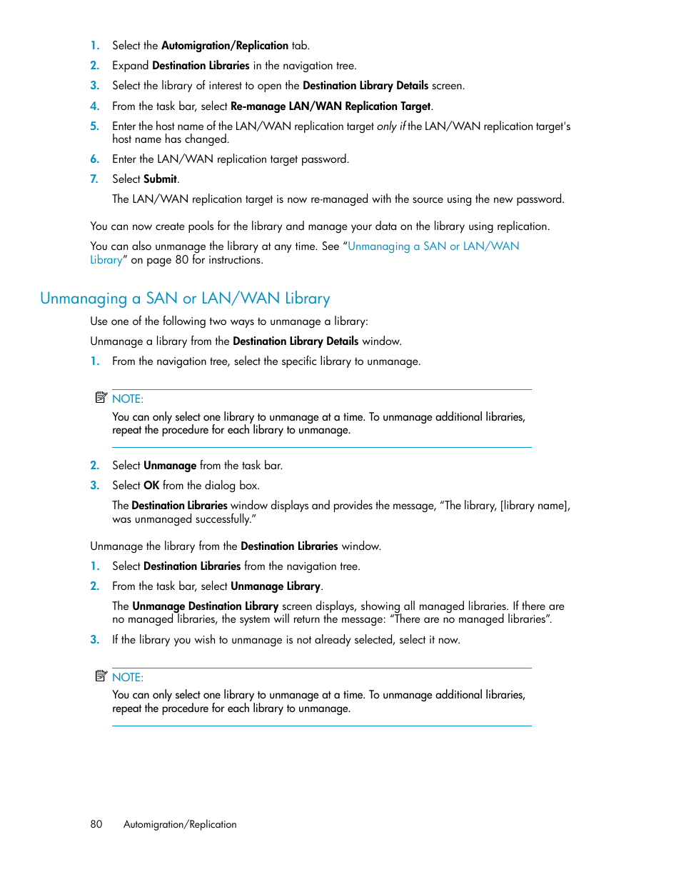 Unmanaging a san or lan/wan library, Unmanaging a san or lan/wan, Library | HP StorageWorks 6000 Virtual Library System User Manual | Page 80 / 358