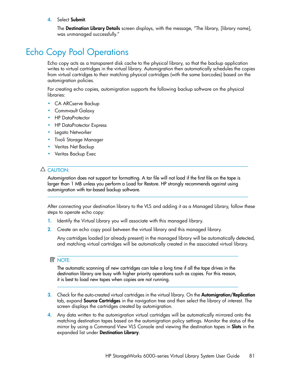 Echo copy pool operations | HP StorageWorks 6000 Virtual Library System User Manual | Page 81 / 358