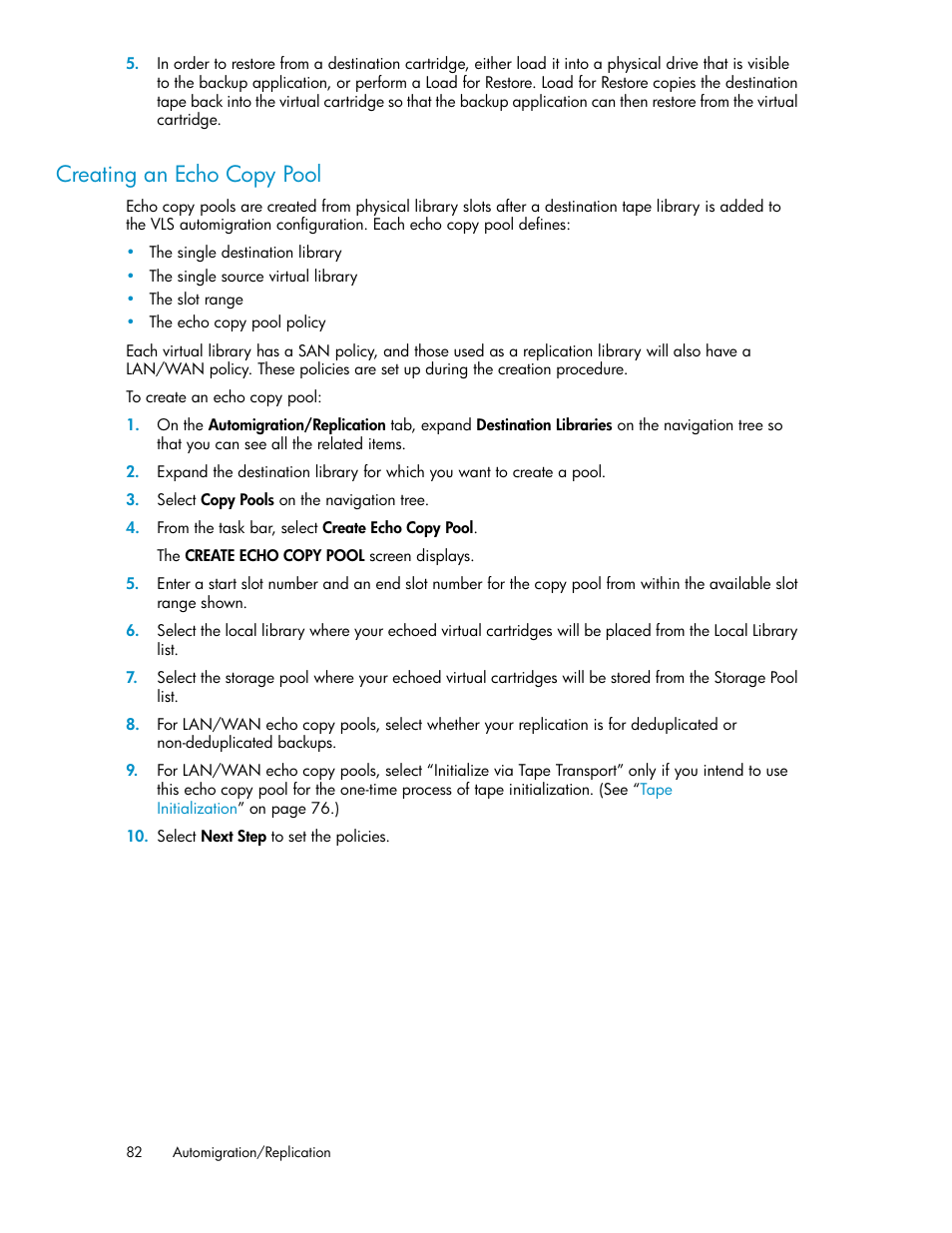 Creating an echo copy pool | HP StorageWorks 6000 Virtual Library System User Manual | Page 82 / 358