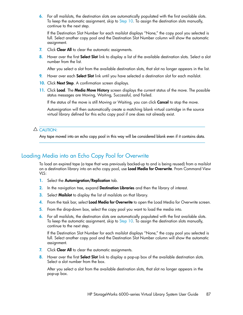 Loading media into an echo copy pool for overwrite | HP StorageWorks 6000 Virtual Library System User Manual | Page 87 / 358