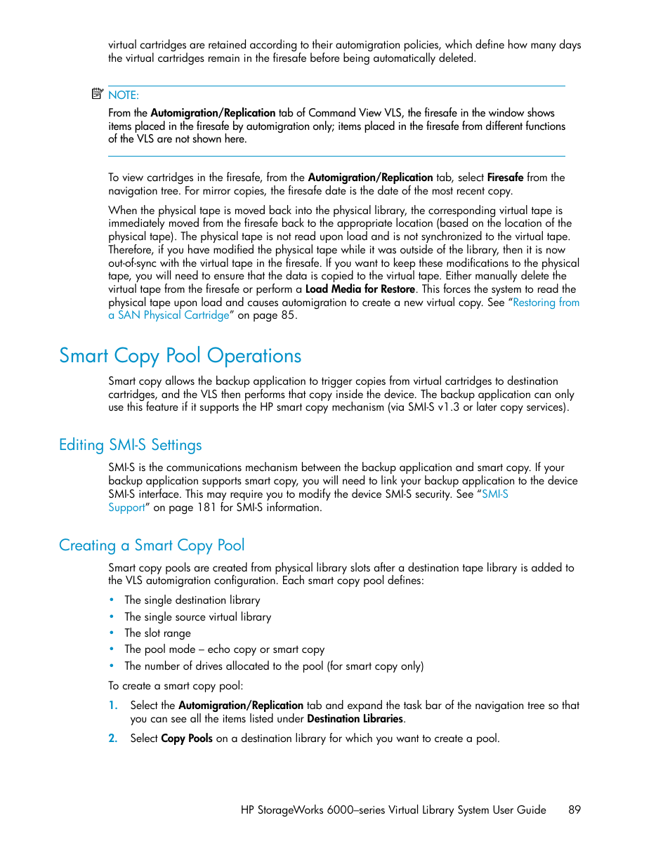 Smart copy pool operations, Editing smi-s settings, Creating a smart copy pool | 89 creating a smart copy pool | HP StorageWorks 6000 Virtual Library System User Manual | Page 89 / 358