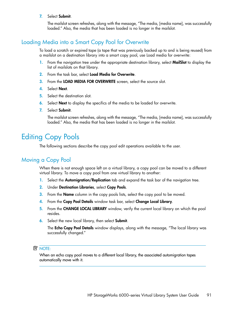 Loading media into a smart copy pool for overwrite, Editing copy pools, Moving a copy pool | HP StorageWorks 6000 Virtual Library System User Manual | Page 91 / 358