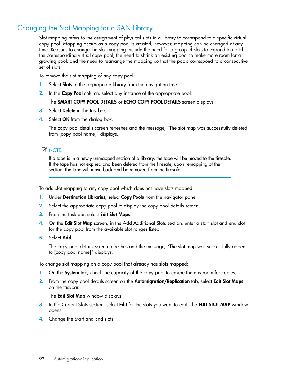 Changing the slot mapping for a san library | HP StorageWorks 6000 Virtual Library System User Manual | Page 92 / 358