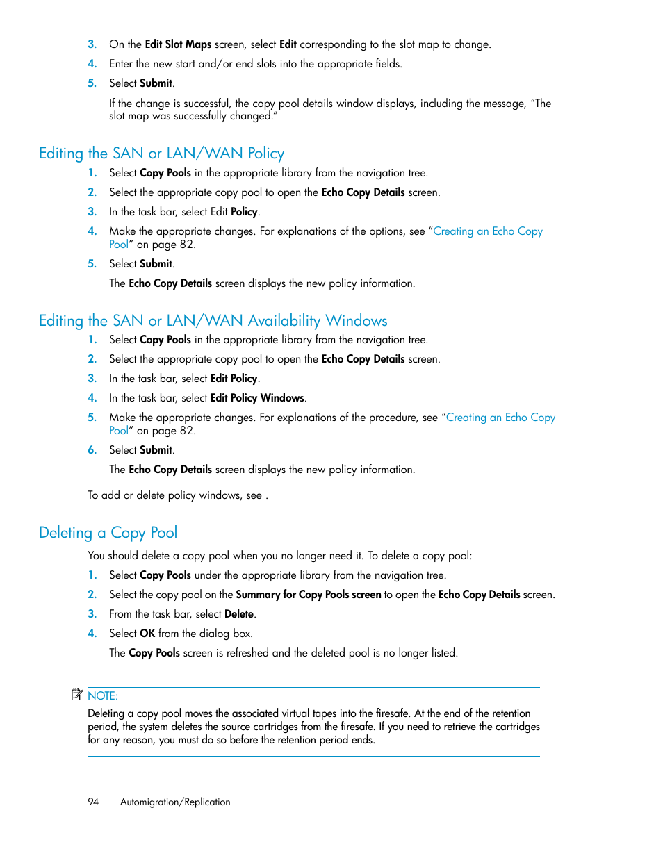 Editing the san or lan/wan policy, Editing the san or lan/wan availability windows, Deleting a copy pool | 94 editing the san or lan/wan availability windows, 94 deleting a copy pool | HP StorageWorks 6000 Virtual Library System User Manual | Page 94 / 358