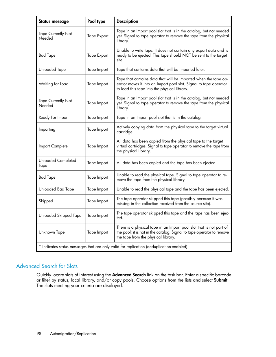 Advanced search for slots, Advanced search for, Slots | HP StorageWorks 6000 Virtual Library System User Manual | Page 98 / 358