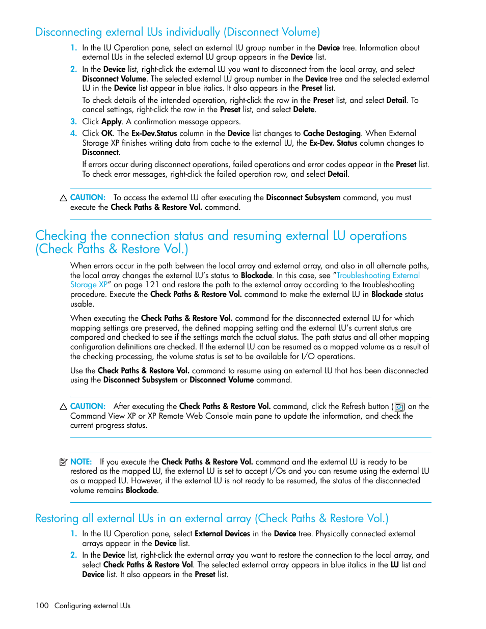 Paths & restore vol.), Checking the connection, Checking the connection status and resuming | HP StorageWorks XP Remote Web Console Software User Manual | Page 100 / 164