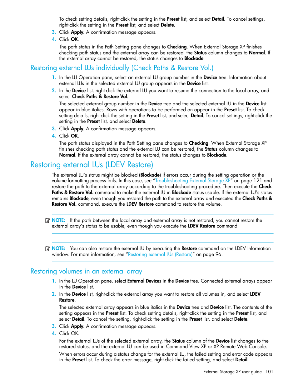 Restoring external lus (ldev restore), Restoring volumes in an external array | HP StorageWorks XP Remote Web Console Software User Manual | Page 101 / 164