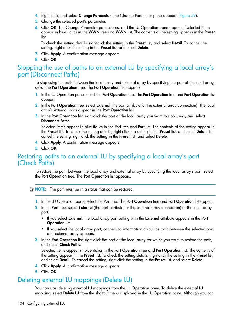 Deleting external lu mappings (delete lu) | HP StorageWorks XP Remote Web Console Software User Manual | Page 104 / 164