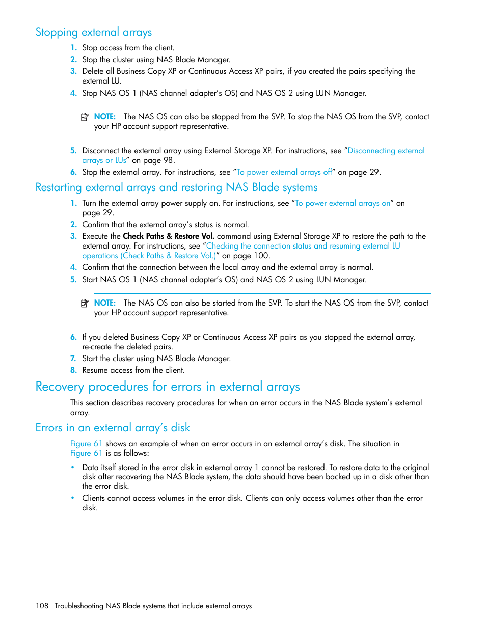 Stopping external arrays, Recovery procedures for errors in external arrays, Errors in an external array’s disk | HP StorageWorks XP Remote Web Console Software User Manual | Page 108 / 164