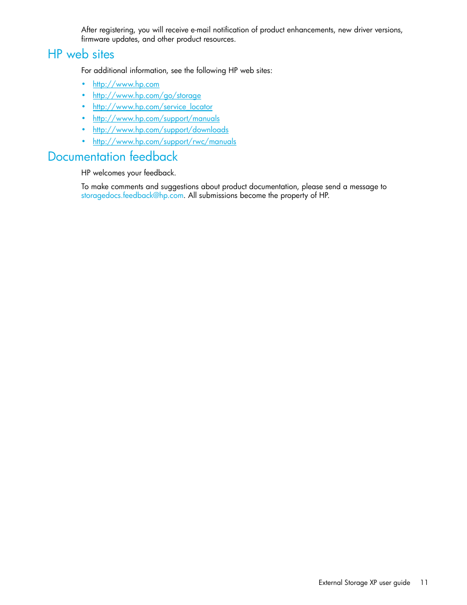 Hp web sites, Documentation feedback | HP StorageWorks XP Remote Web Console Software User Manual | Page 11 / 164