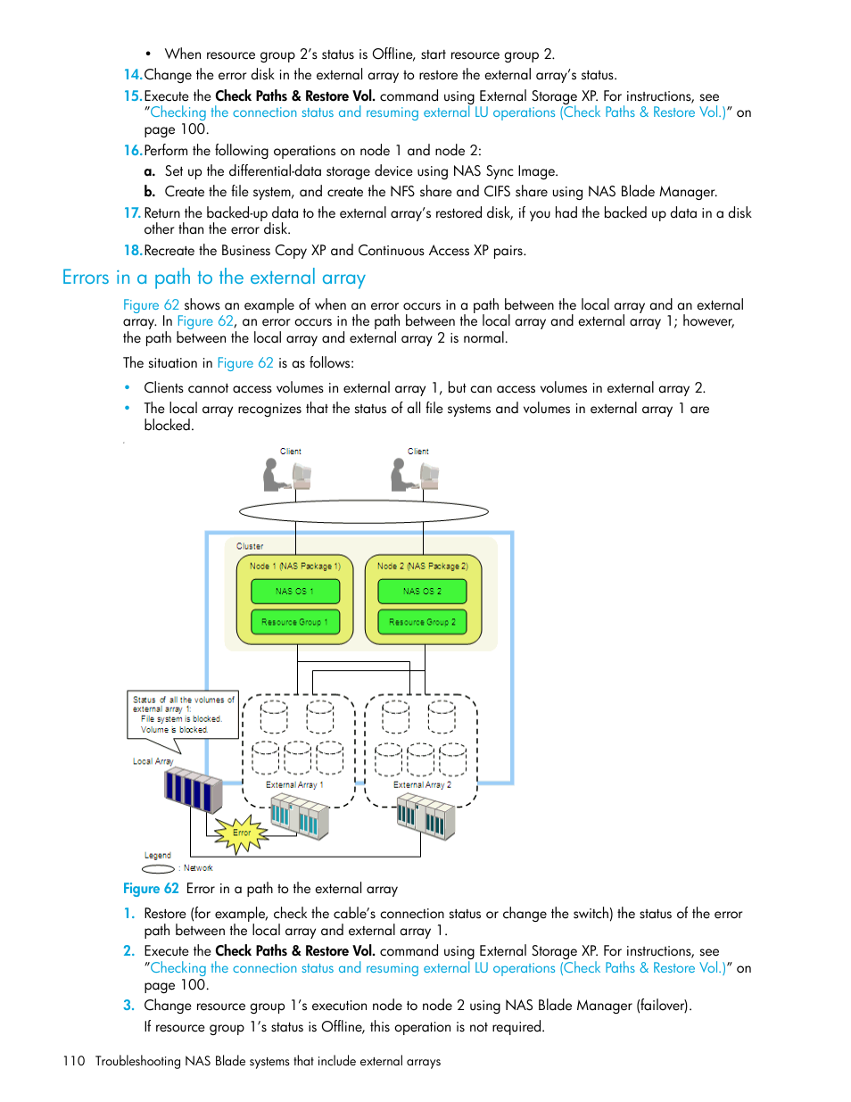 Errors in a path to the external array, Figure 62 error in a path to the external array, 62 error in a path to the external array | HP StorageWorks XP Remote Web Console Software User Manual | Page 110 / 164