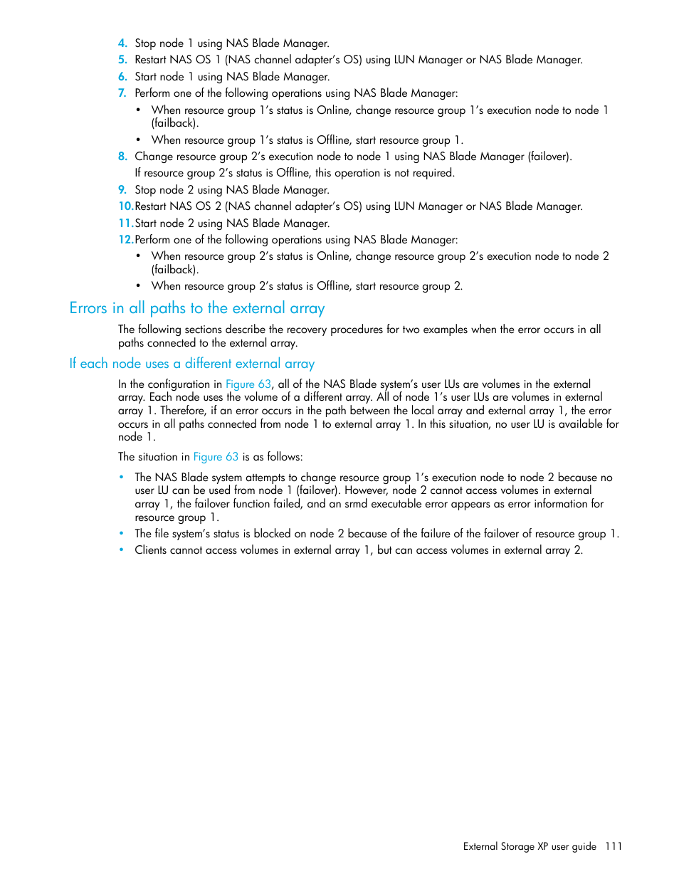 Errors in all paths to the external array, If each node uses a different external array | HP StorageWorks XP Remote Web Console Software User Manual | Page 111 / 164