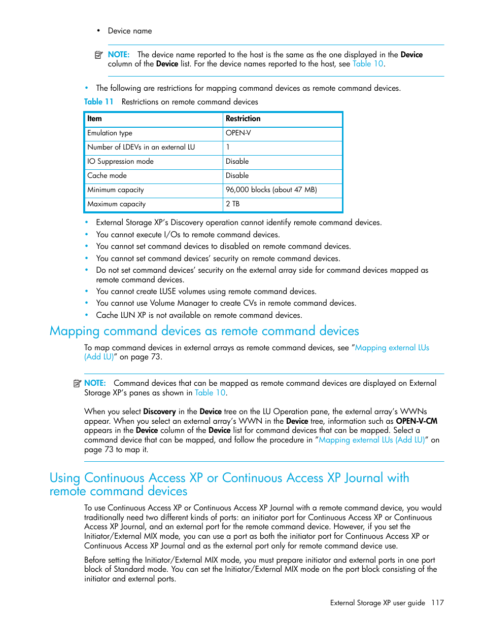 Table 11 restrictions on remote command devices, Mapping command devices as remote command devices, 11 restrictions on remote command devices | HP StorageWorks XP Remote Web Console Software User Manual | Page 117 / 164