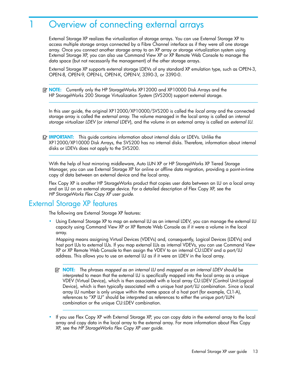 1 overview of connecting external arrays, External storage xp features, 1overview of connecting external arrays | HP StorageWorks XP Remote Web Console Software User Manual | Page 13 / 164