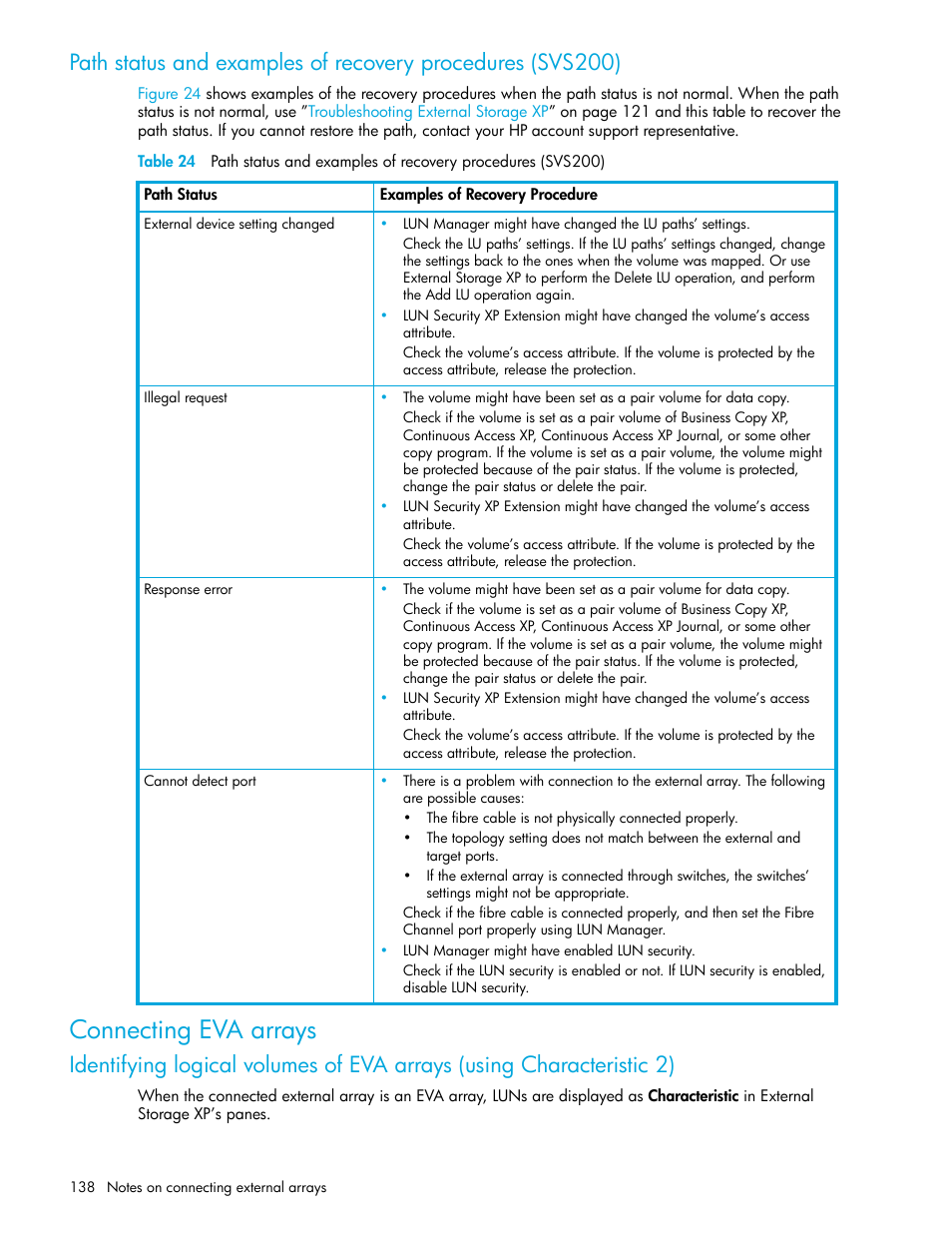 Connecting eva arrays, Identifying logical, Volumes of eva arrays (using characteristic 2) | Identifying logical volumes of eva arrays (using, Characteristic 2) | HP StorageWorks XP Remote Web Console Software User Manual | Page 138 / 164