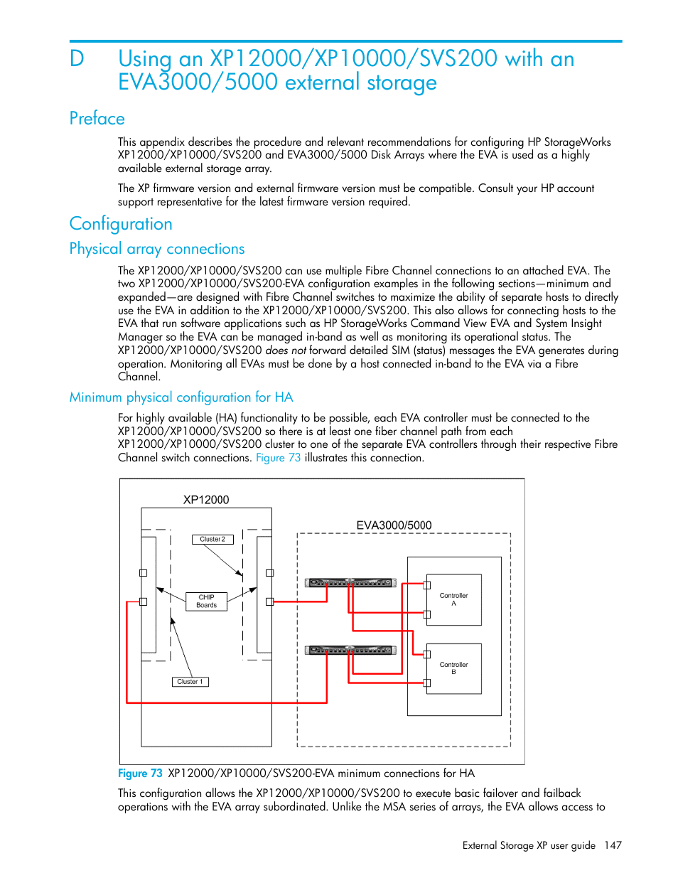 Preface, Configuration, Physical array connections | Minimum physical configuration for ha | HP StorageWorks XP Remote Web Console Software User Manual | Page 147 / 164