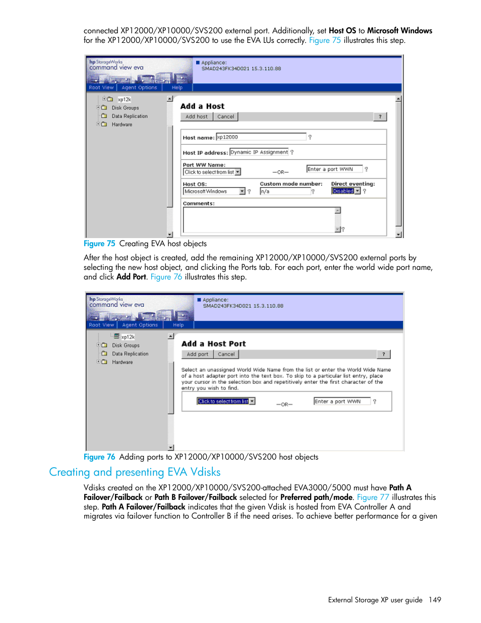 Figure 75 creating eva host objects, Creating and presenting eva vdisks, 75 creating eva host objects | HP StorageWorks XP Remote Web Console Software User Manual | Page 149 / 164