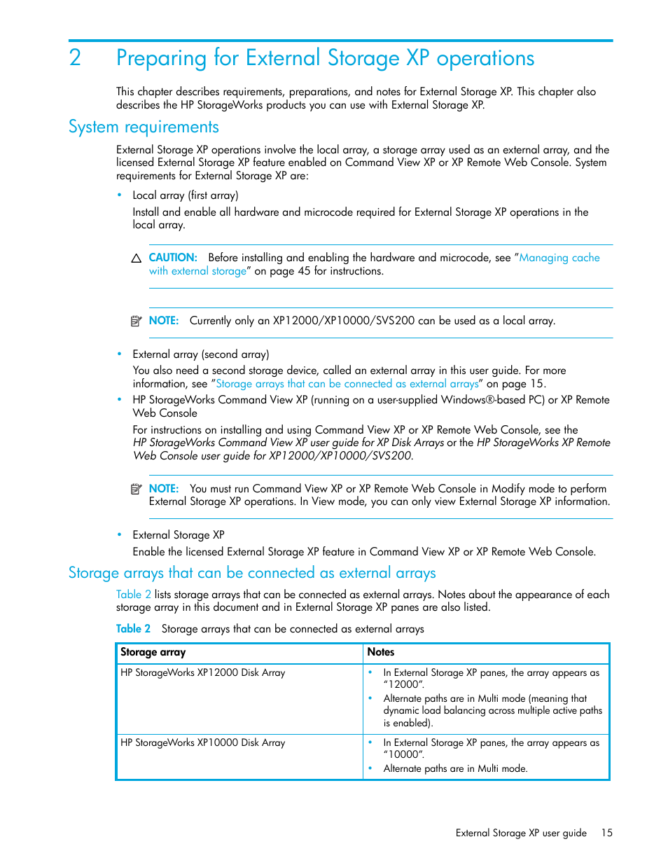 2 preparing for external storage xp operations, System requirements, 2preparing for external storage xp operations | HP StorageWorks XP Remote Web Console Software User Manual | Page 15 / 164