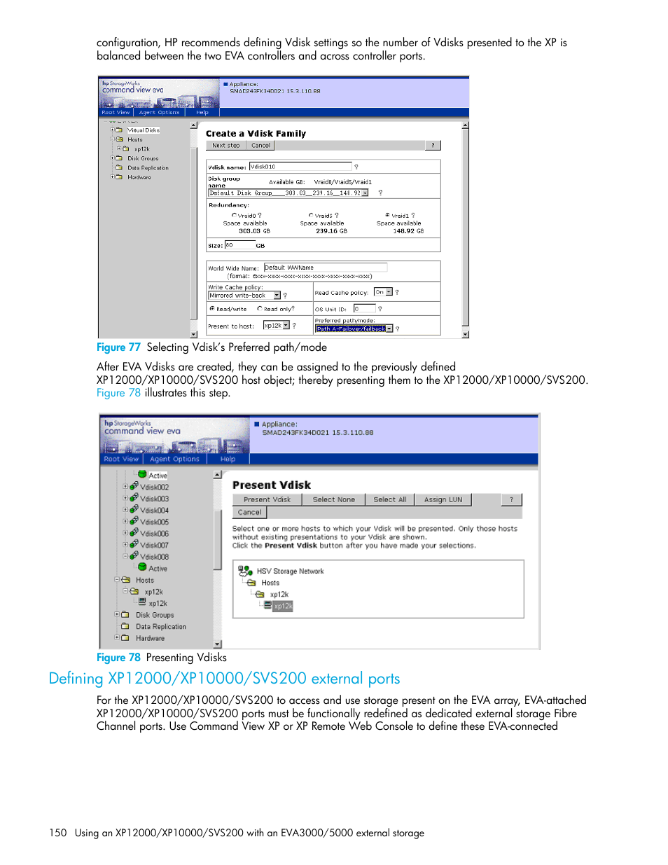 Figure 77 selecting vdisk’s preferred path/mode, Figure 78 presenting vdisks, Defining xp12000/xp10000/svs200 external ports | 77 selecting vdisk’s preferred path/mode, 78 presenting vdisks, Figure 77 | HP StorageWorks XP Remote Web Console Software User Manual | Page 150 / 164