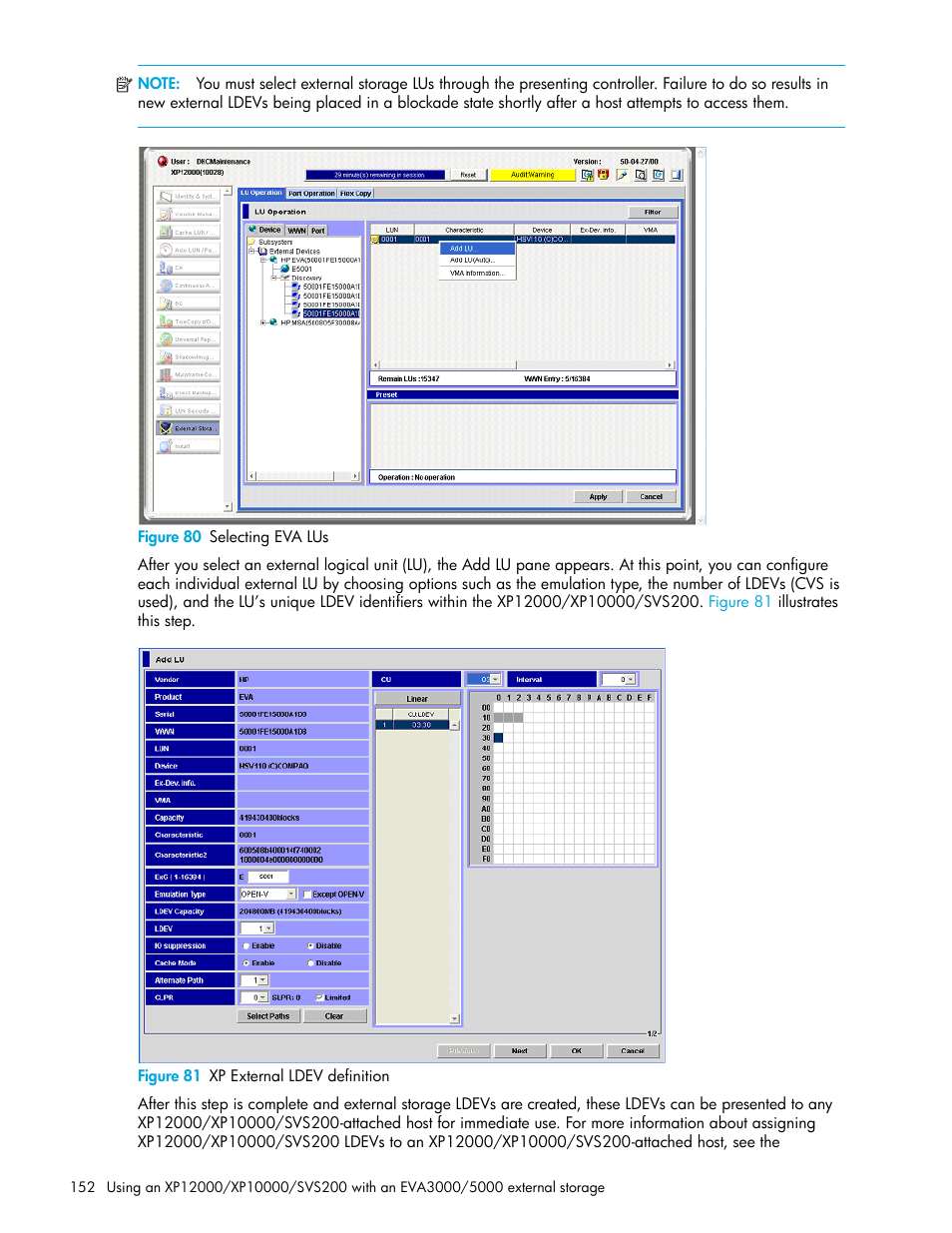 Figure 80 selecting eva lus, Figure 81 xp external ldev definition, 80 selecting eva lus | 81 xp external ldev definition, Figure 80 | HP StorageWorks XP Remote Web Console Software User Manual | Page 152 / 164