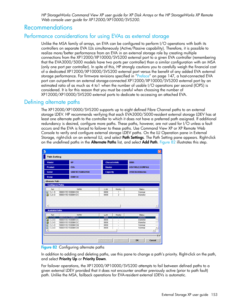 Recommendations, Defining alternate paths, Figure 82 configuring alternate paths | 82 configuring alternate paths | HP StorageWorks XP Remote Web Console Software User Manual | Page 153 / 164