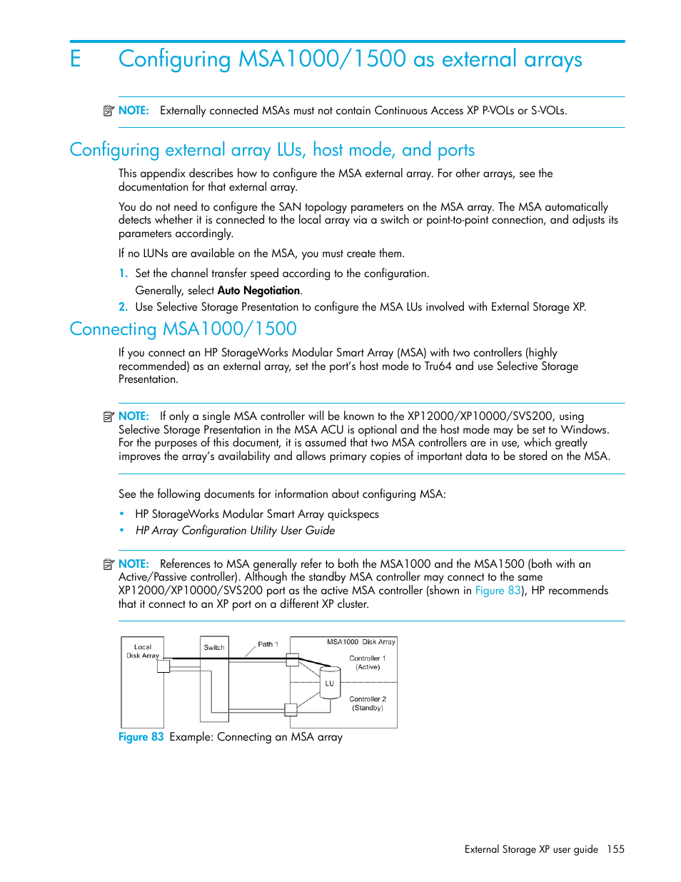 E configuring msa1000/1500 as external arrays, Connecting msa1000/1500, Figure 83 example: connecting an msa array | 83 example: connecting an msa array | HP StorageWorks XP Remote Web Console Software User Manual | Page 155 / 164