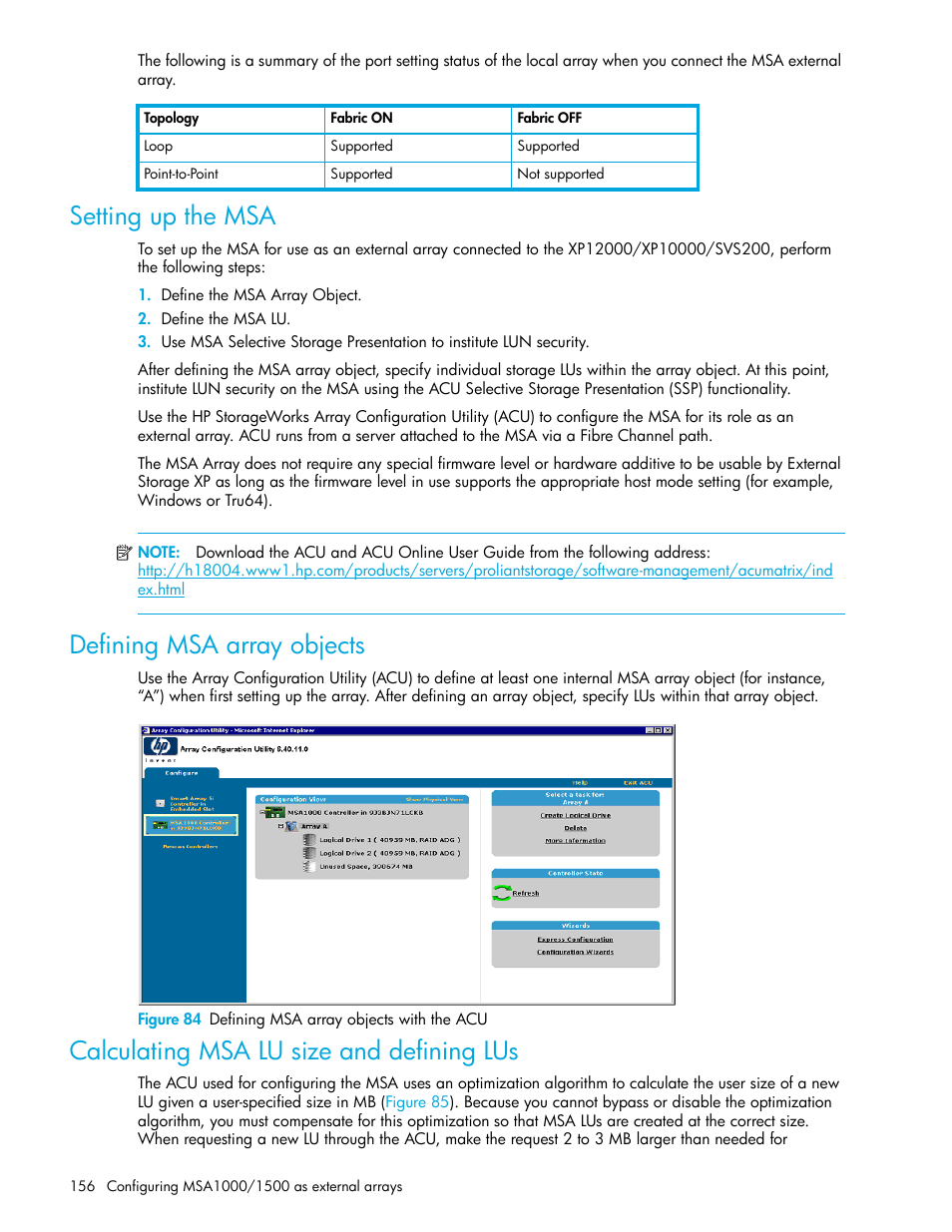 Setting up the msa, Defining msa array objects, Figure 84 defining msa array objects with the acu | Calculating msa lu size and defining lus, 84 defining msa array objects with the acu | HP StorageWorks XP Remote Web Console Software User Manual | Page 156 / 164