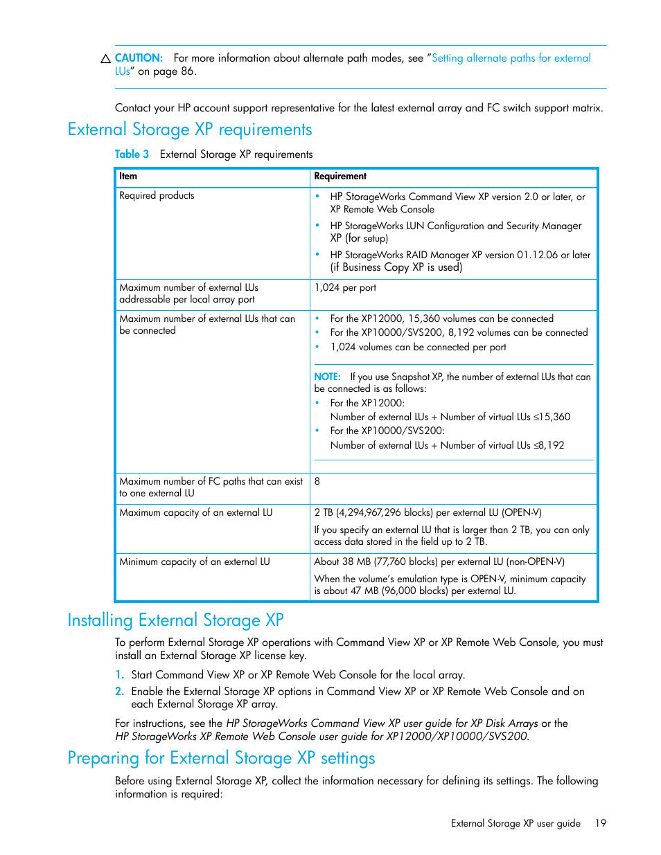 External storage xp requirements, Table 3 external storage xp requirements, Installing external storage xp | Preparing for external storage xp settings, 3 external storage xp requirements | HP StorageWorks XP Remote Web Console Software User Manual | Page 19 / 164