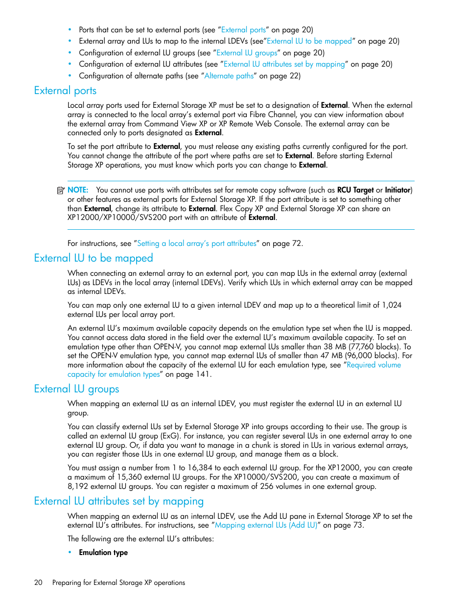 External ports, External lu to be mapped, External lu groups | External lu attributes set by mapping | HP StorageWorks XP Remote Web Console Software User Manual | Page 20 / 164