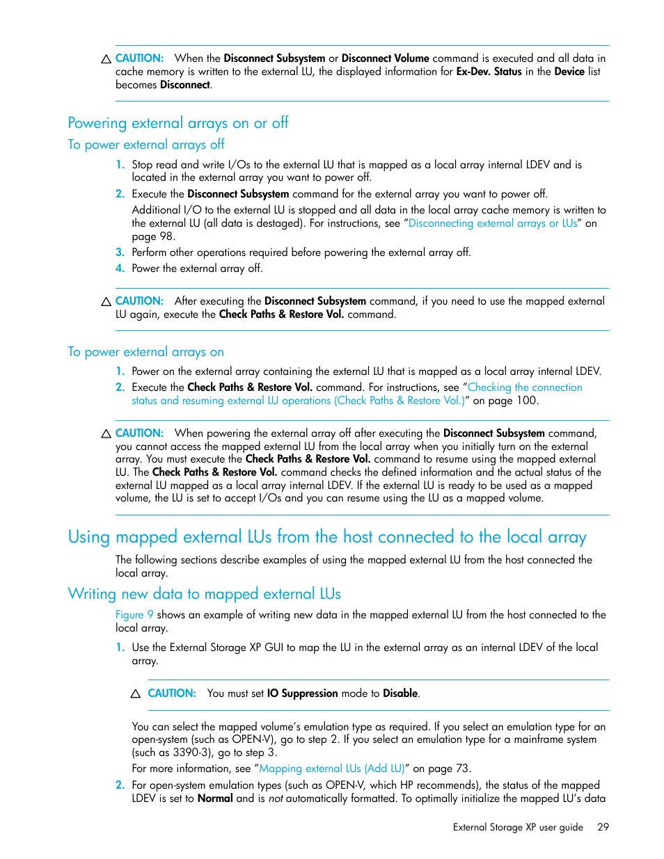 Powering external arrays on or off, To power external arrays off, To power external arrays on | Writing new data to mapped external lus | HP StorageWorks XP Remote Web Console Software User Manual | Page 29 / 164