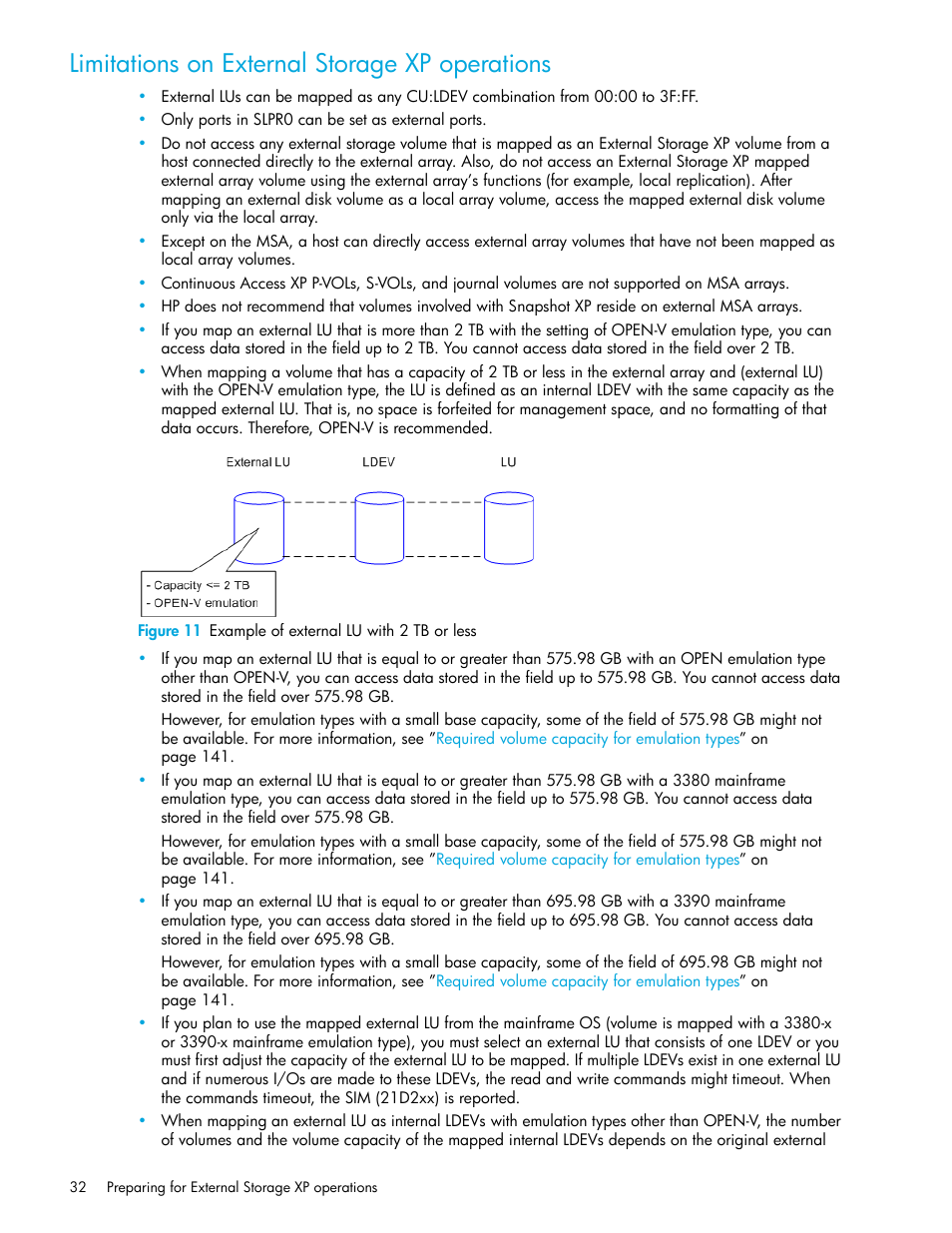 Limitations on external storage xp operations, Figure 11 example of external lu with 2 tb or less, 11 example of external lu with 2 tb or less | HP StorageWorks XP Remote Web Console Software User Manual | Page 32 / 164