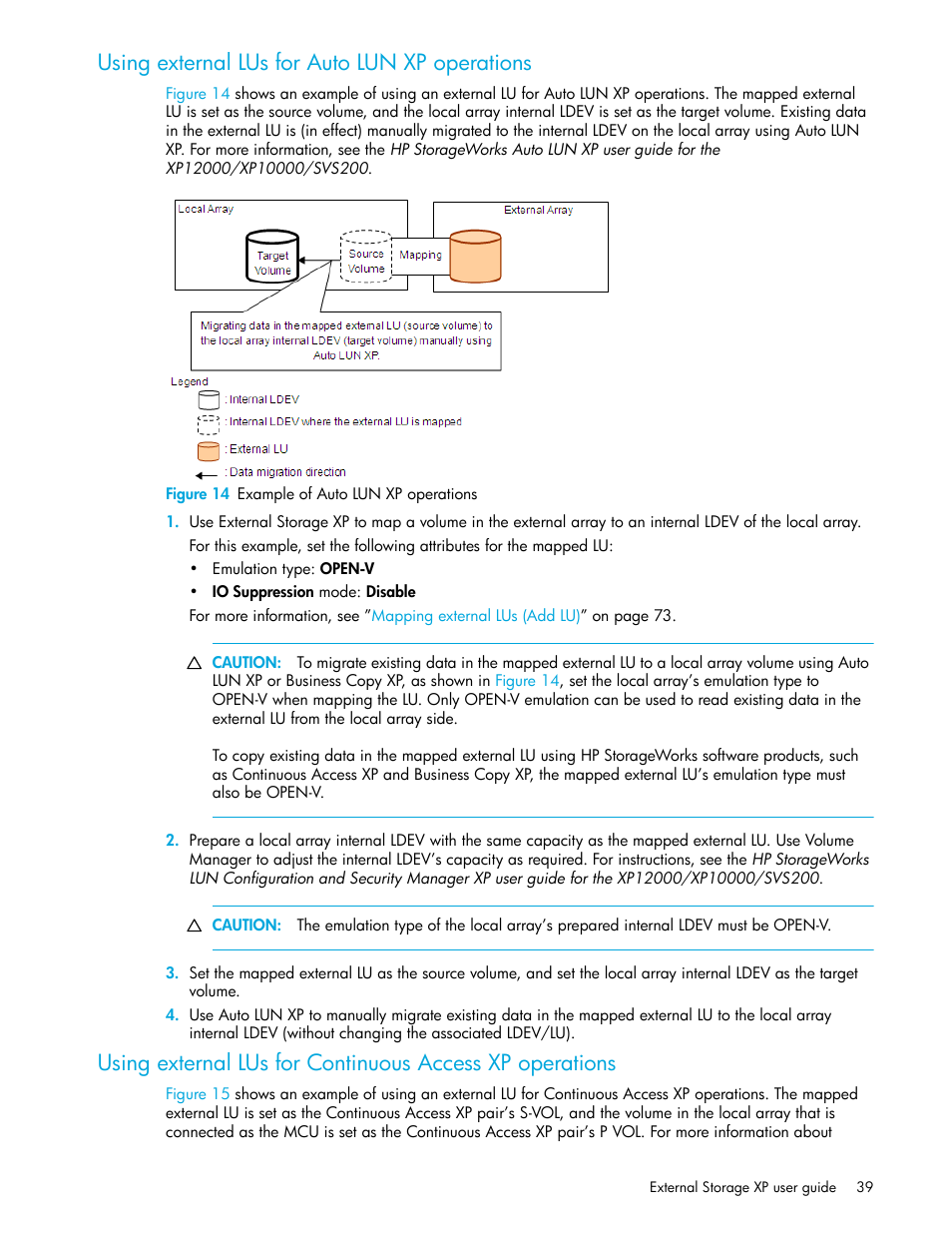 Using external lus for auto lun xp operations, Figure 14 example of auto lun xp operations, 14 example of auto lun xp operations | Using external lus for, Continuous access xp operations | HP StorageWorks XP Remote Web Console Software User Manual | Page 39 / 164