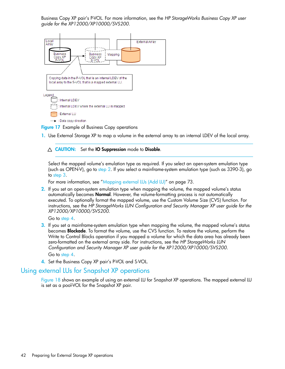 Figure 17 example of business copy operations, Using external lus for snapshot xp operations, 17 example of business copy operations | Using external lus for snapshot xp, Operations, Figure 17 | HP StorageWorks XP Remote Web Console Software User Manual | Page 42 / 164