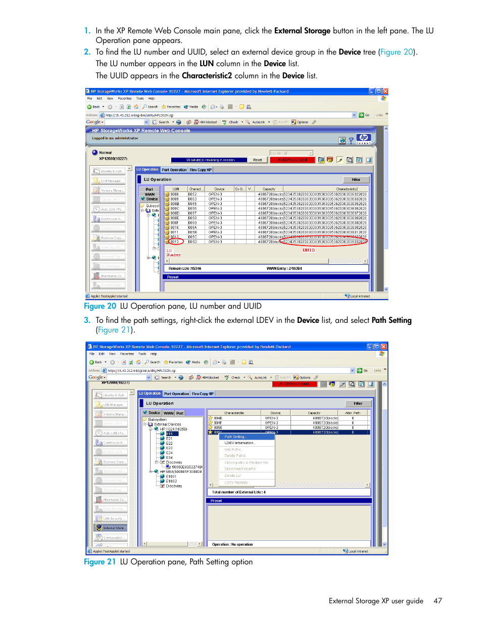 Figure 20 lu operation pane, lu number and uuid, Figure 21 lu operation pane, path setting option, 20 lu operation pane, lu number and uuid | 21 lu operation pane, path setting option | HP StorageWorks XP Remote Web Console Software User Manual | Page 47 / 164