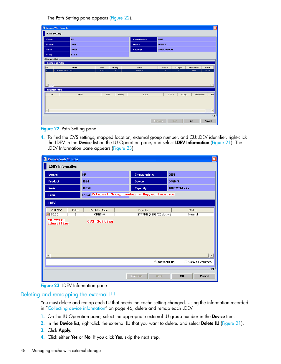 Figure 22 path setting pane, Figure 23 ldev information pane, Deleting and remapping the external lu | 22 path setting pane, 23 ldev information pane | HP StorageWorks XP Remote Web Console Software User Manual | Page 48 / 164