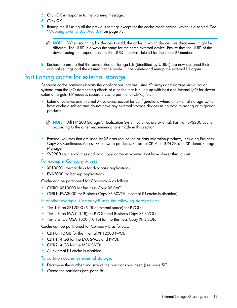 Partitioning cache for external storage, For example, company a uses, To partition cache for external storage | HP StorageWorks XP Remote Web Console Software User Manual | Page 49 / 164