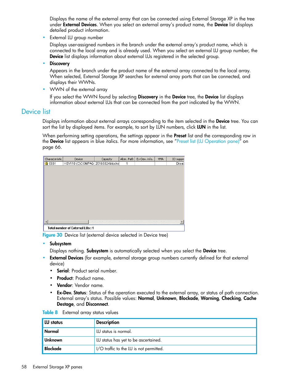 Device list, Table 8 external array status values, 8 external array status values | HP StorageWorks XP Remote Web Console Software User Manual | Page 58 / 164