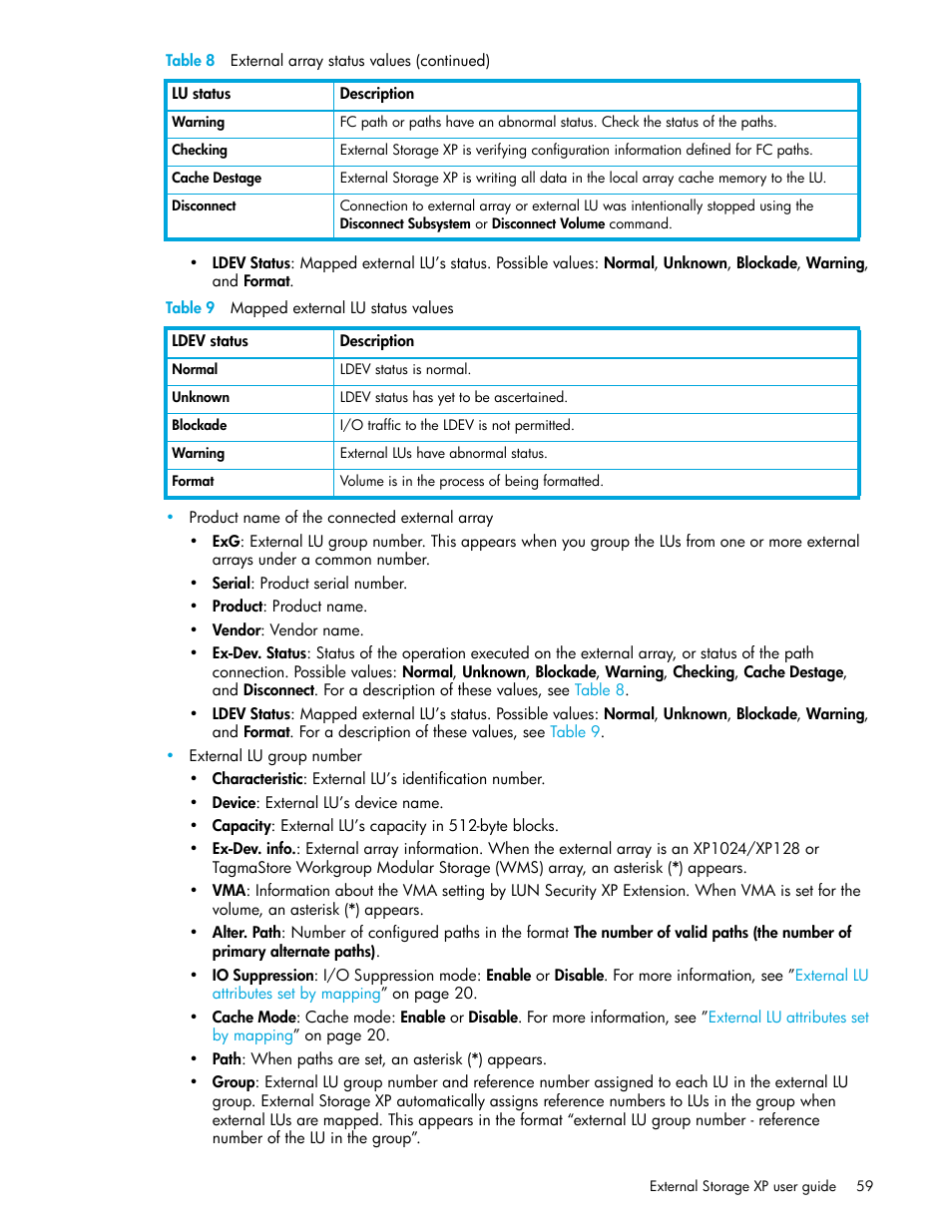 Table 9 mapped external lu status values, 9 mapped external lu status values | HP StorageWorks XP Remote Web Console Software User Manual | Page 59 / 164