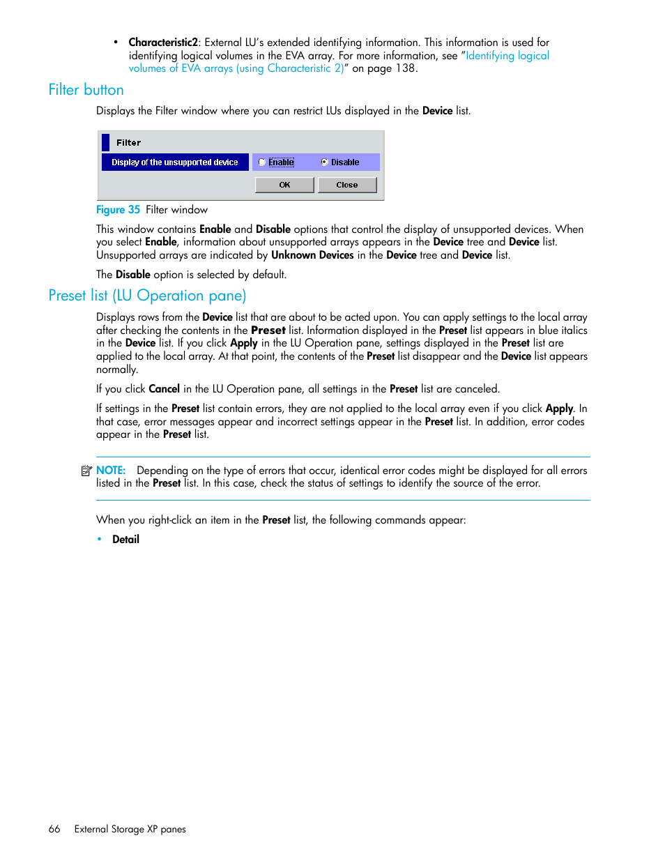 Filter button, Figure 35 filter window, Preset list (lu operation pane) | 35 filter window | HP StorageWorks XP Remote Web Console Software User Manual | Page 66 / 164