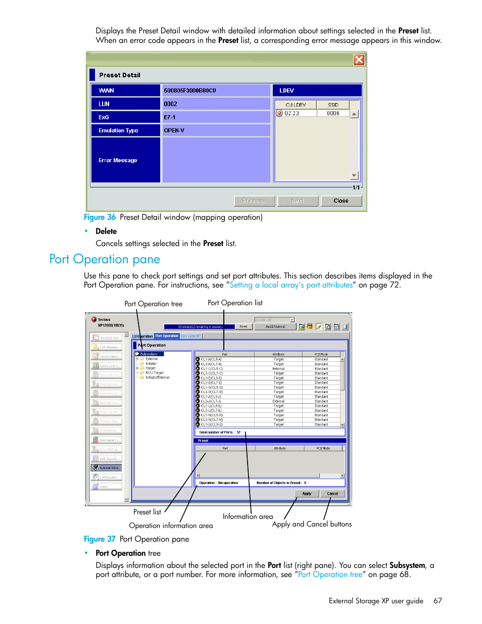 Figure 36 preset detail window (mapping operation), Port operation pane, Figure 37 port operation pane | 36 preset detail window (mapping operation), 37 port operation pane | HP StorageWorks XP Remote Web Console Software User Manual | Page 67 / 164