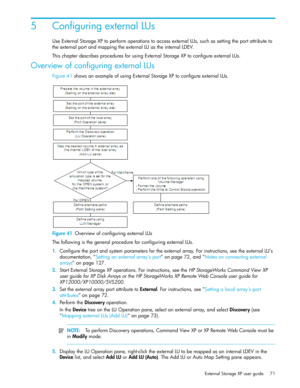 5 configuring external lus, Overview of configuring external lus, Figure 41 overview of configuring external lus | 41 overview of configuring external lus, 5configuring external lus | HP StorageWorks XP Remote Web Console Software User Manual | Page 71 / 164