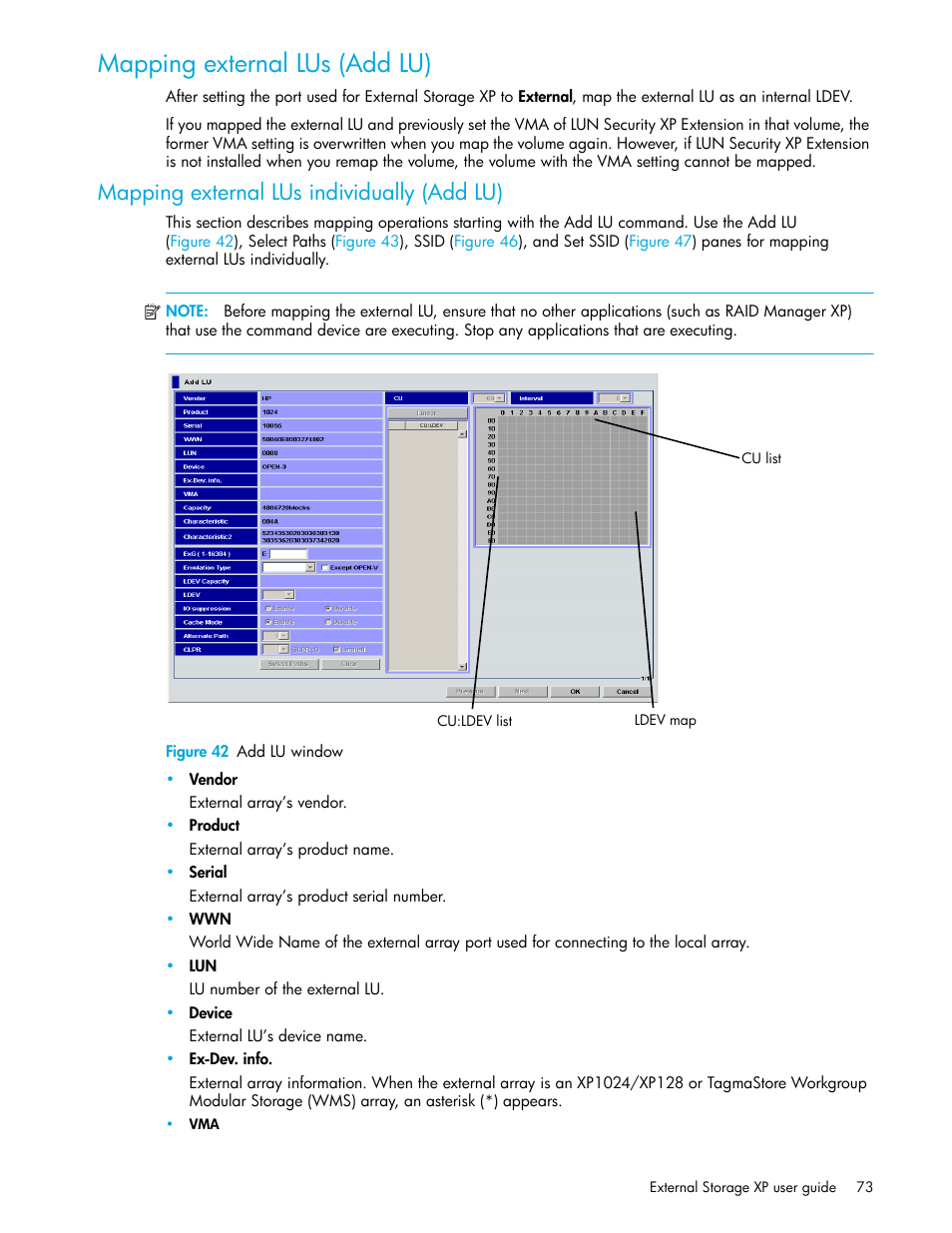 Mapping external lus (add lu), Mapping external lus individually (add lu), Figure 42 add lu window | 42 add lu window, Mapping, External lus (add lu) | HP StorageWorks XP Remote Web Console Software User Manual | Page 73 / 164