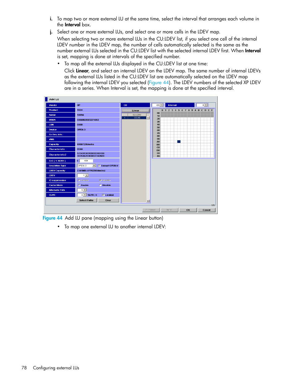 44 add lu pane (mapping using the linear button) | HP StorageWorks XP Remote Web Console Software User Manual | Page 78 / 164