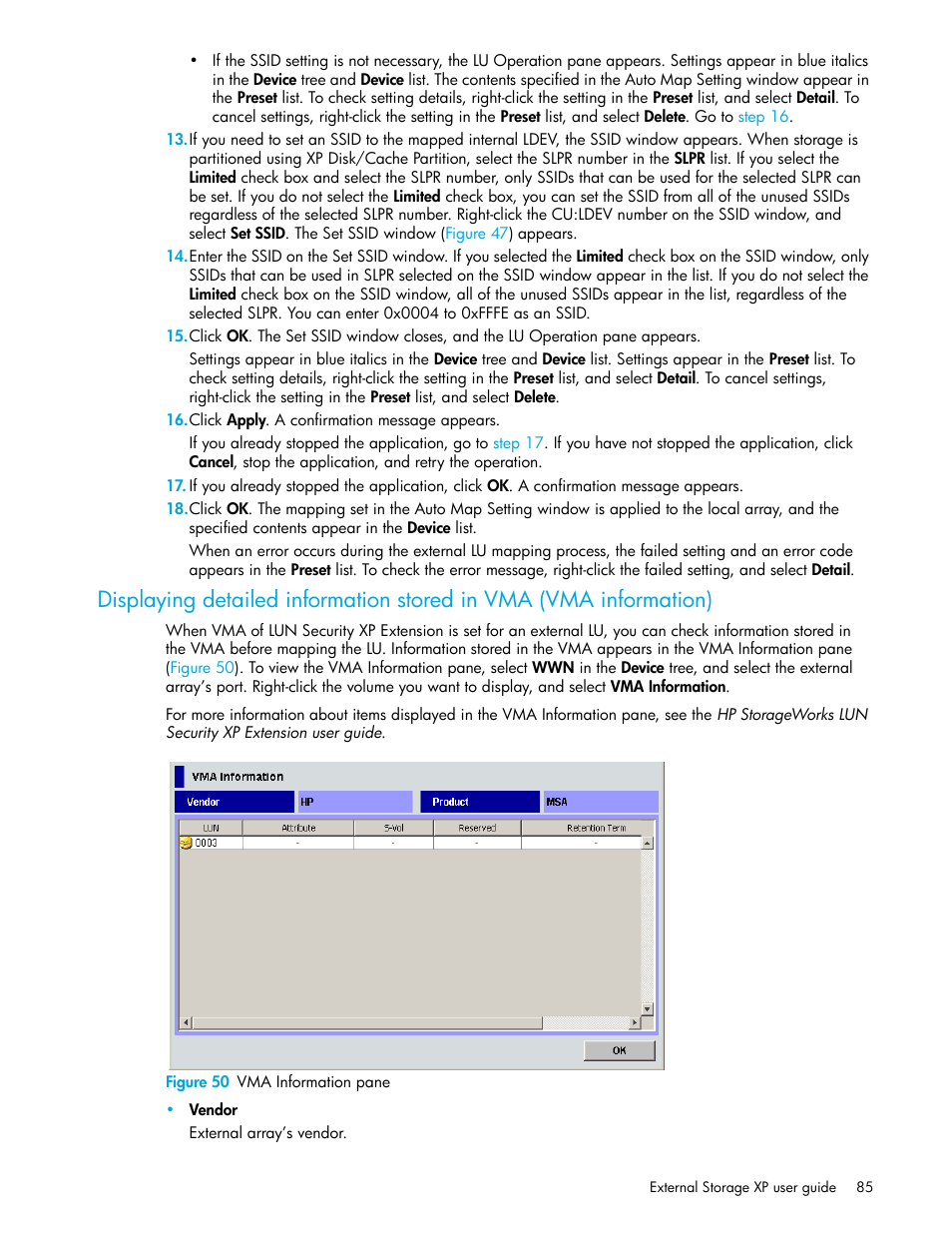 Figure 50 vma information pane, 50 vma information pane, Step 13 | HP StorageWorks XP Remote Web Console Software User Manual | Page 85 / 164