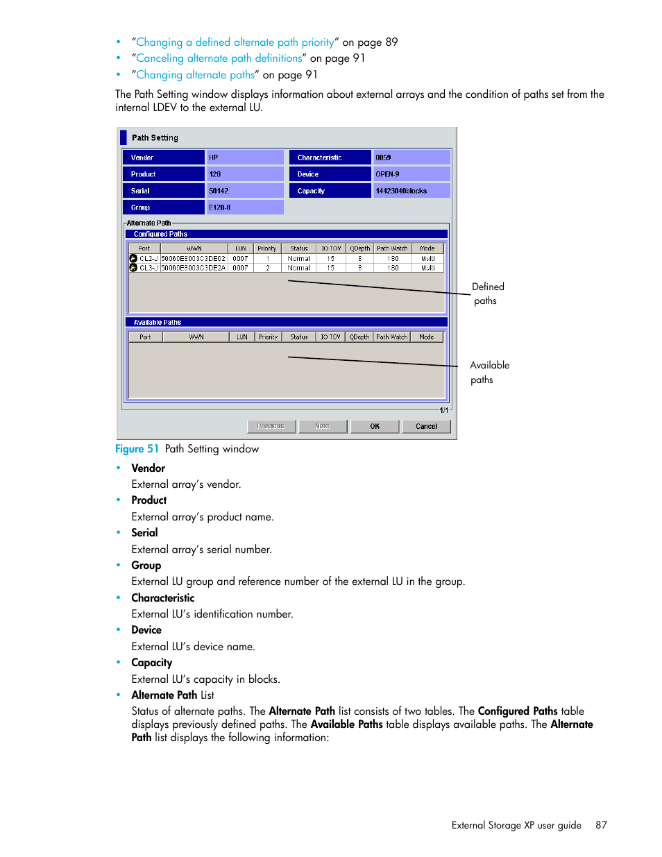 Figure 51 path setting window, 51 path setting window, Figure 51 | HP StorageWorks XP Remote Web Console Software User Manual | Page 87 / 164