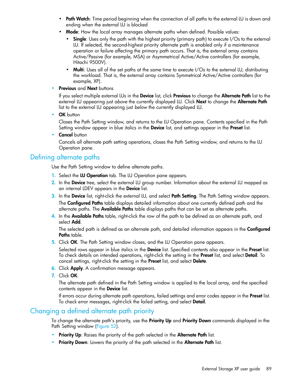 Defining alternate paths, Changing a defined alternate path priority | HP StorageWorks XP Remote Web Console Software User Manual | Page 89 / 164