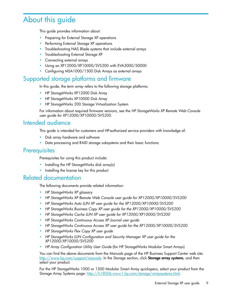 About this guide, Supported storage platforms and firmware, Intended audience | Prerequisites, Related documentation | HP StorageWorks XP Remote Web Console Software User Manual | Page 9 / 164