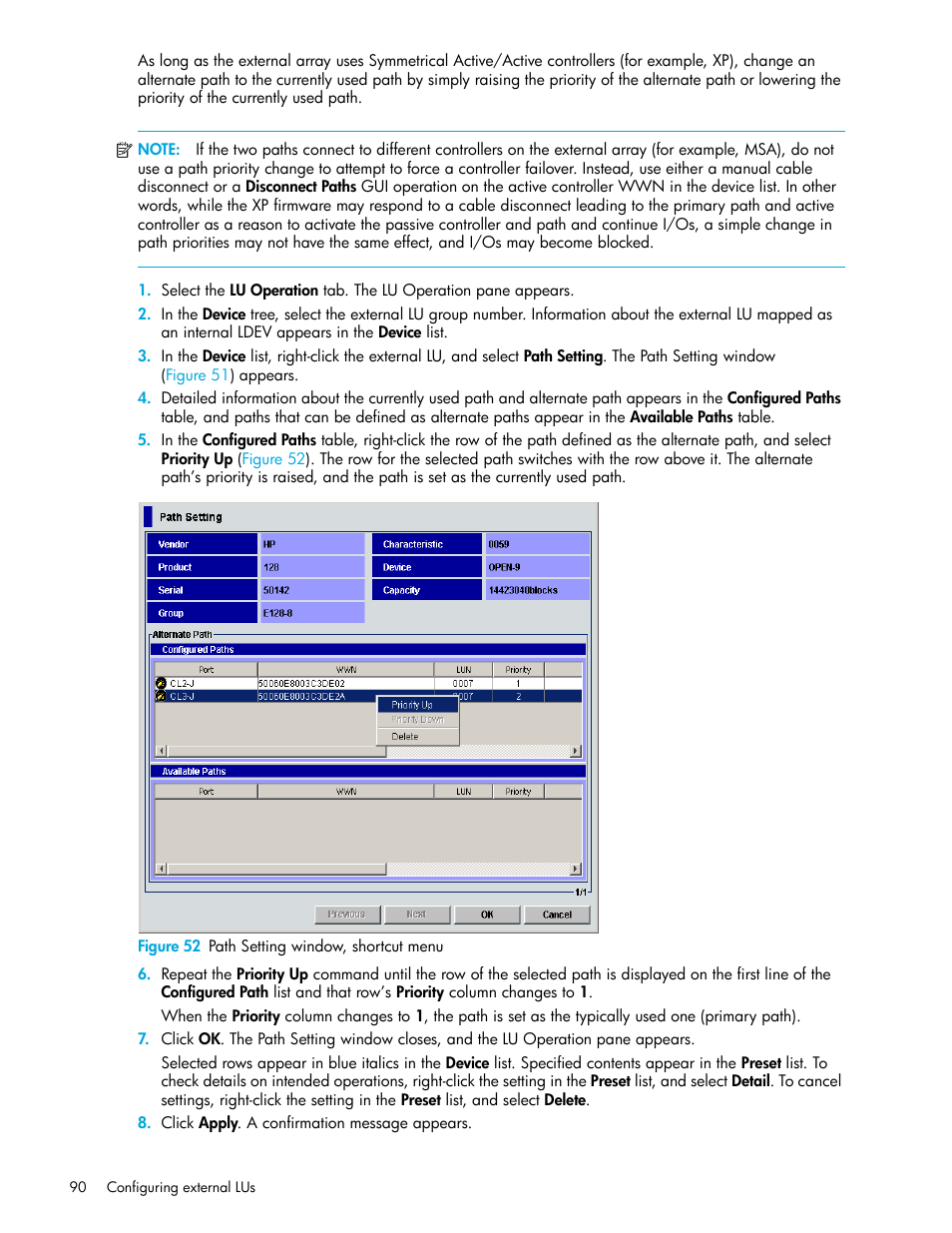 Figure 52 path setting window, shortcut menu, 52 path setting window, shortcut menu, Figure 52 | HP StorageWorks XP Remote Web Console Software User Manual | Page 90 / 164